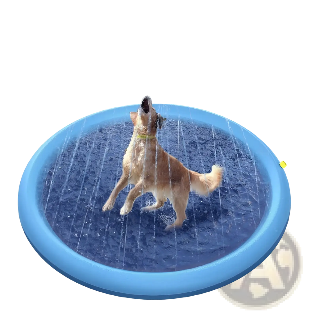 Blue inflatable non-slip dog sprinkler mat with water jets spraying upward for outdoor pet play and cooling