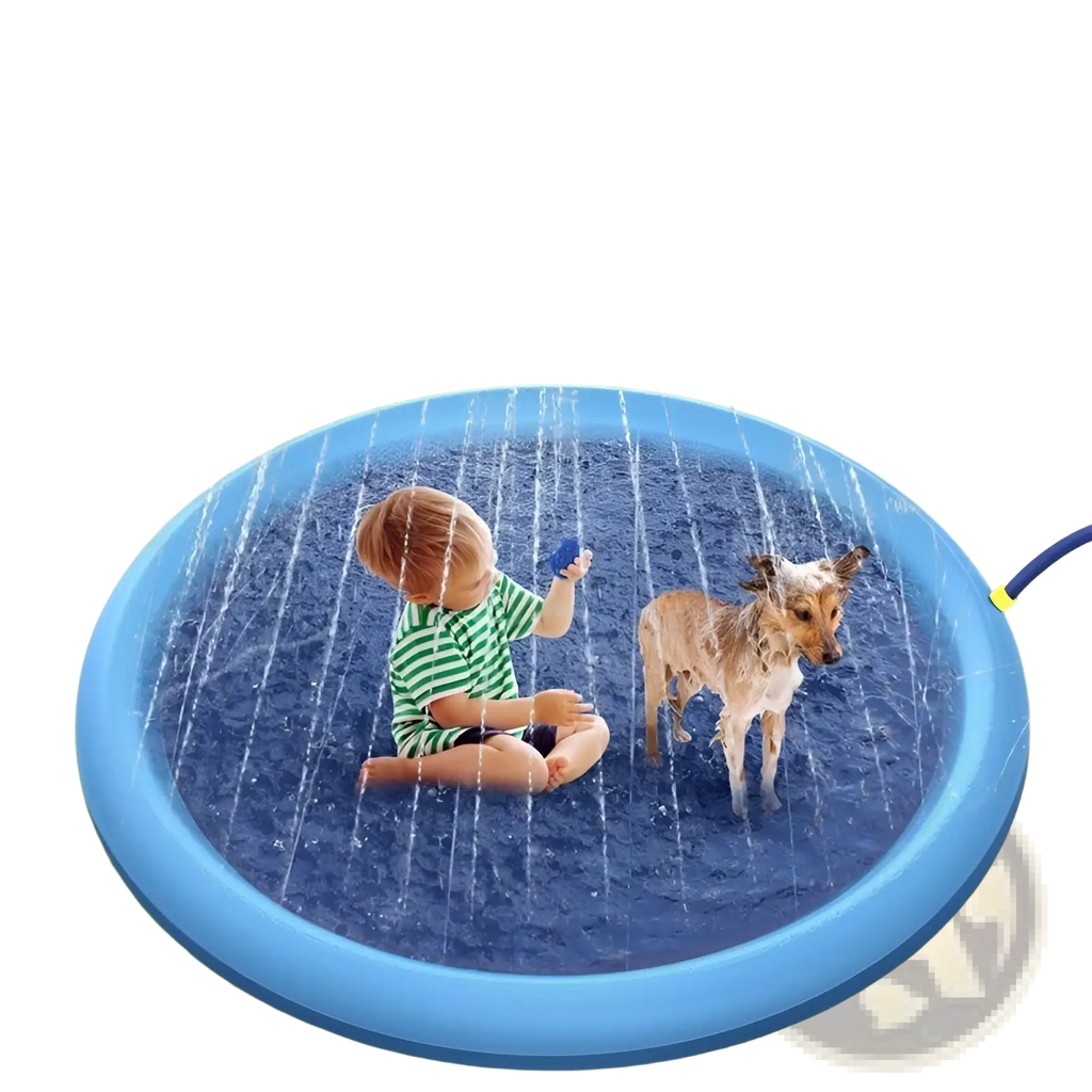 Blue inflatable non-slip splash pad dog sprinkler mat with water jets spraying downward for pet cooling