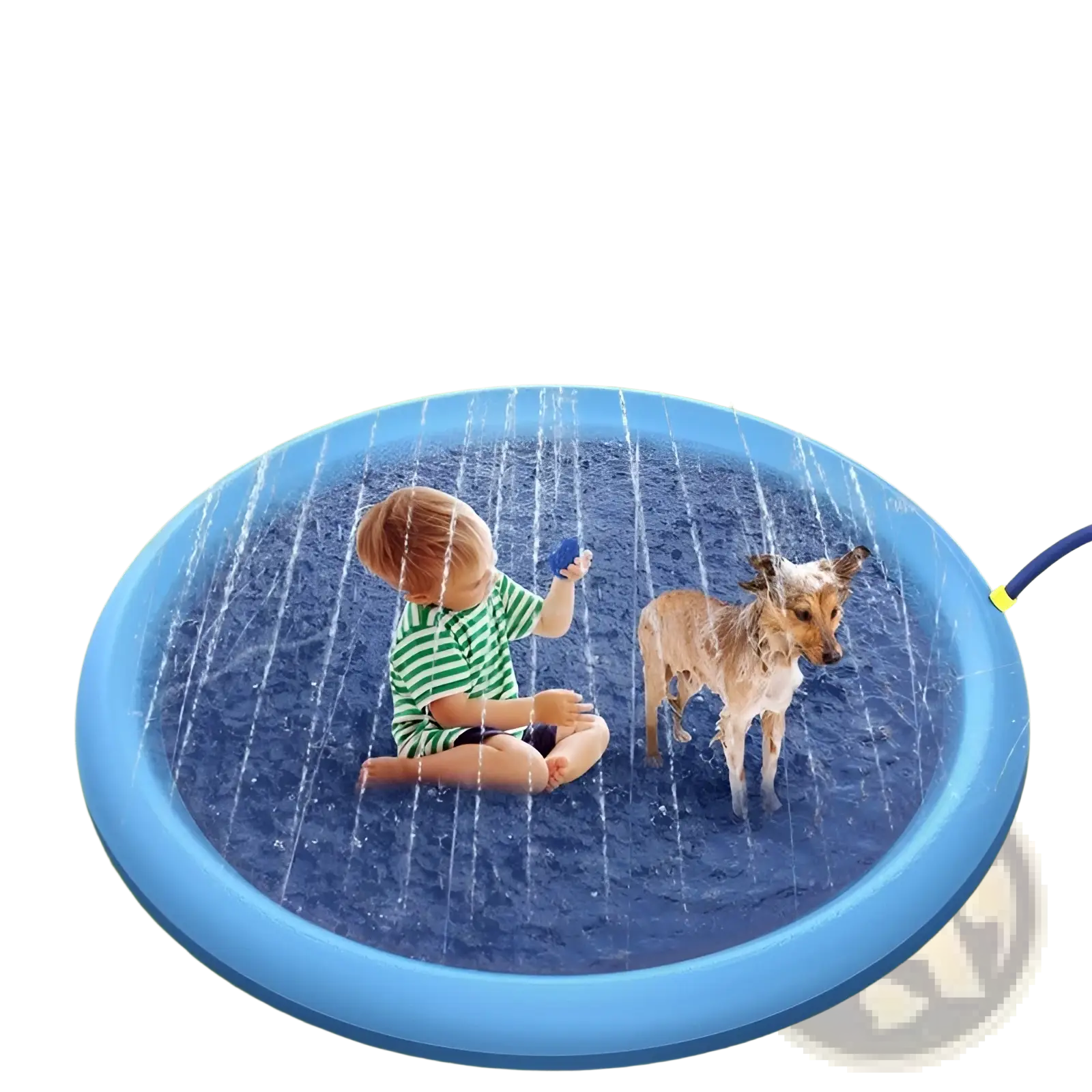 Blue inflatable non-slip splash pad dog sprinkler mat with water jets spraying downward for pet cooling