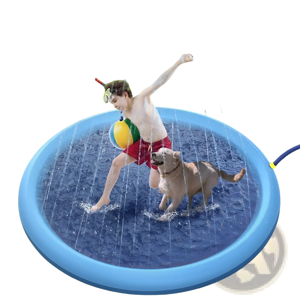 Blue inflatable non-slip splash pad with water jets and hose attachment for dog sprinkler mat use