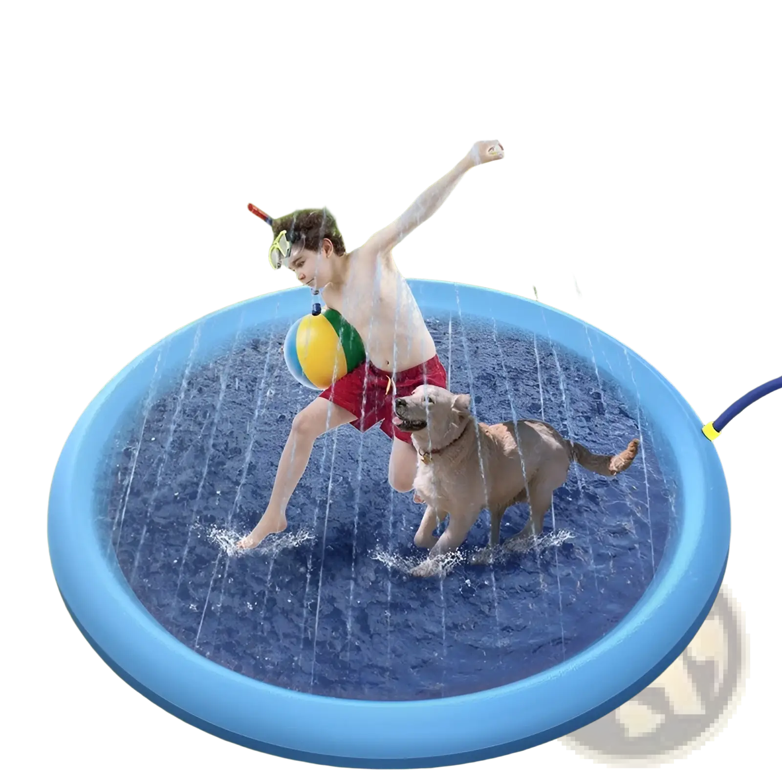 Blue inflatable non-slip splash pad with water jets and hose attachment for dog sprinkler mat use