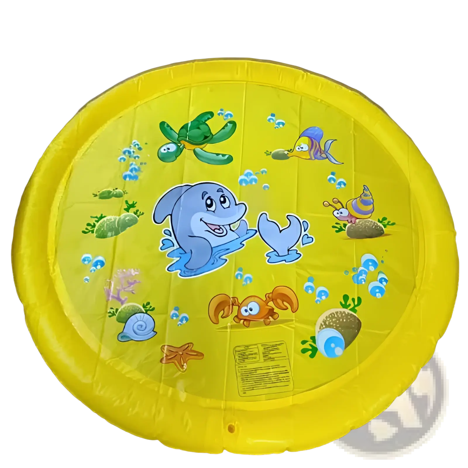 Bright yellow non-slip inflatable pool mat featuring cheerful dolphin and sea creatures for splash pad use