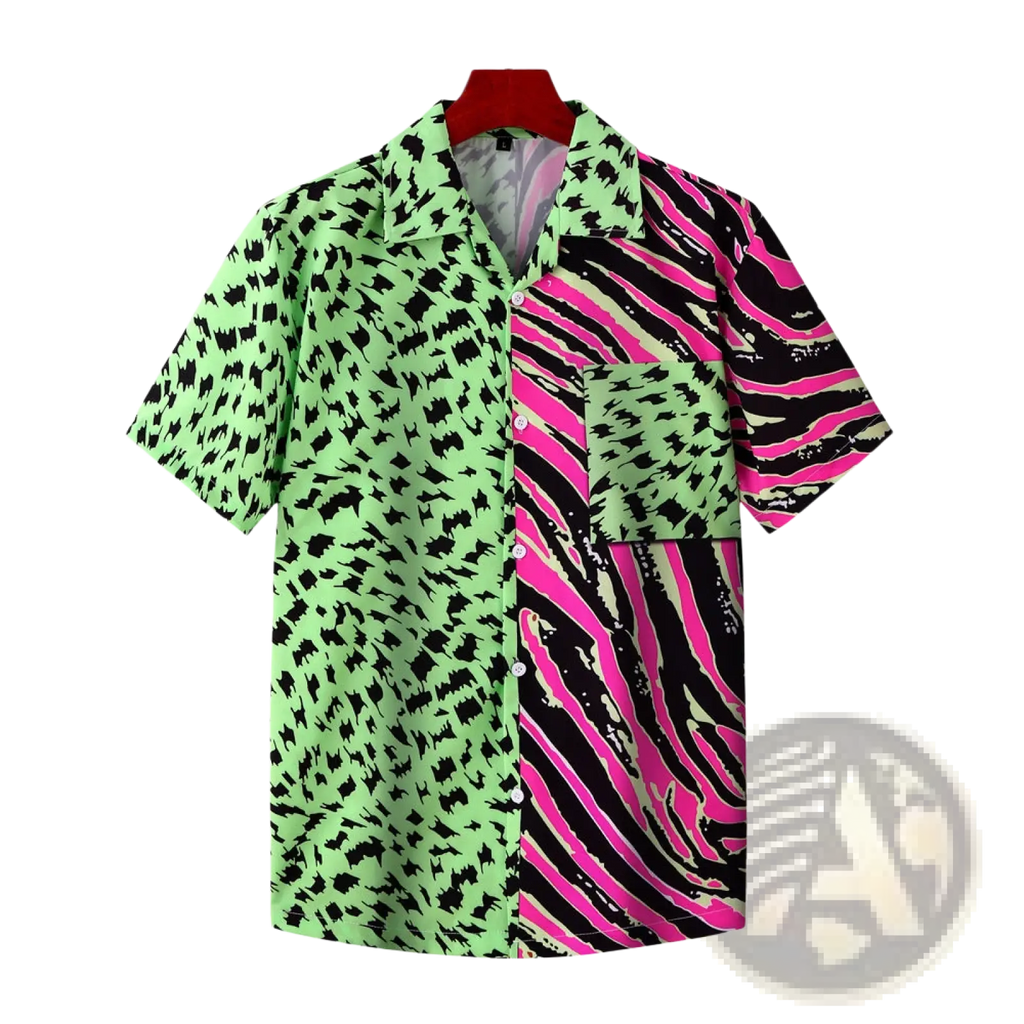 Vibrant short sleeve button up shirt with split neon green leopard and pink zebra print for casual wear