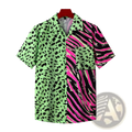Vibrant short sleeve button up shirt with split neon green leopard and pink zebra print for casual wear