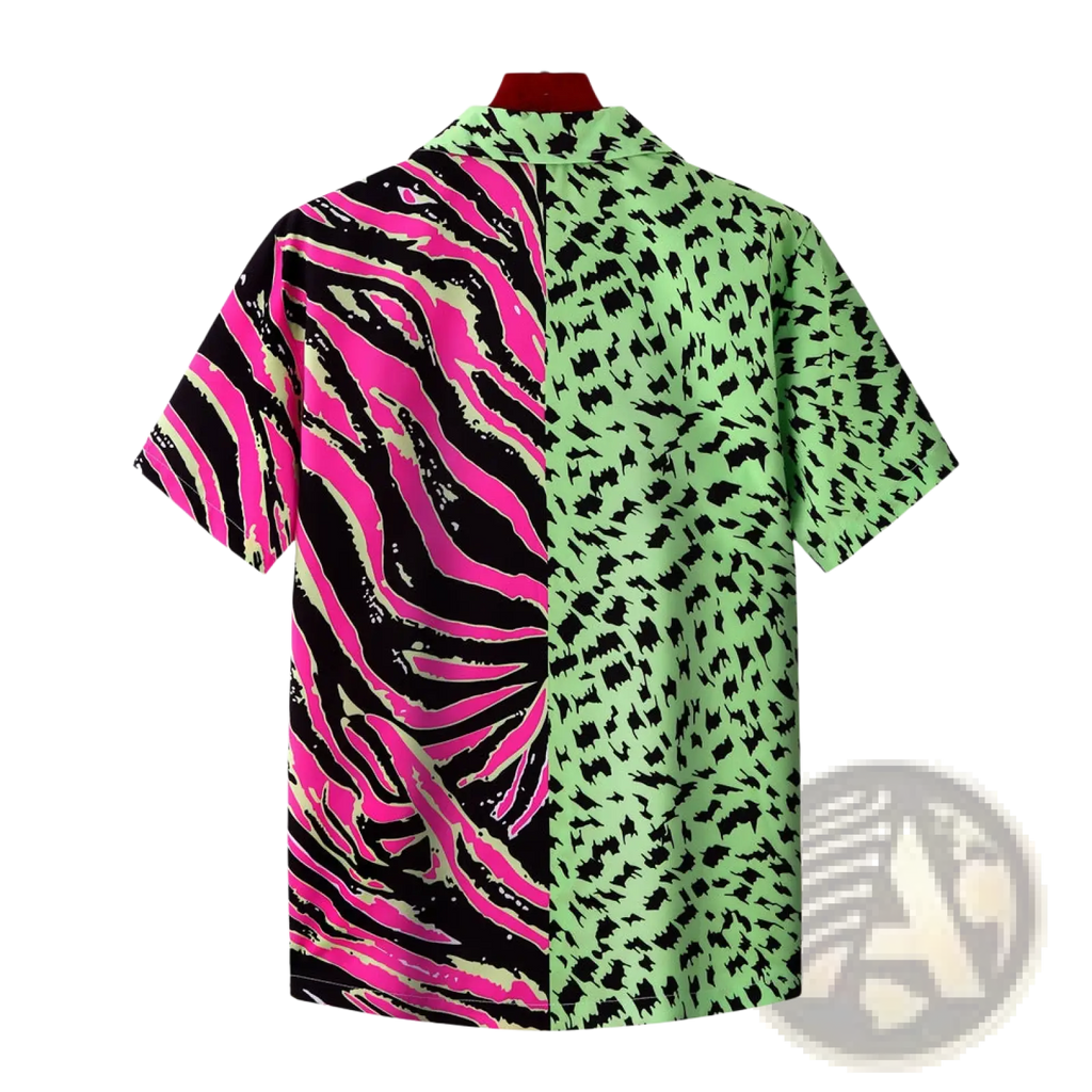 Split animal print pink and green short sleeve shirt with neon zebra and lime leopard patterns in vibrant colors