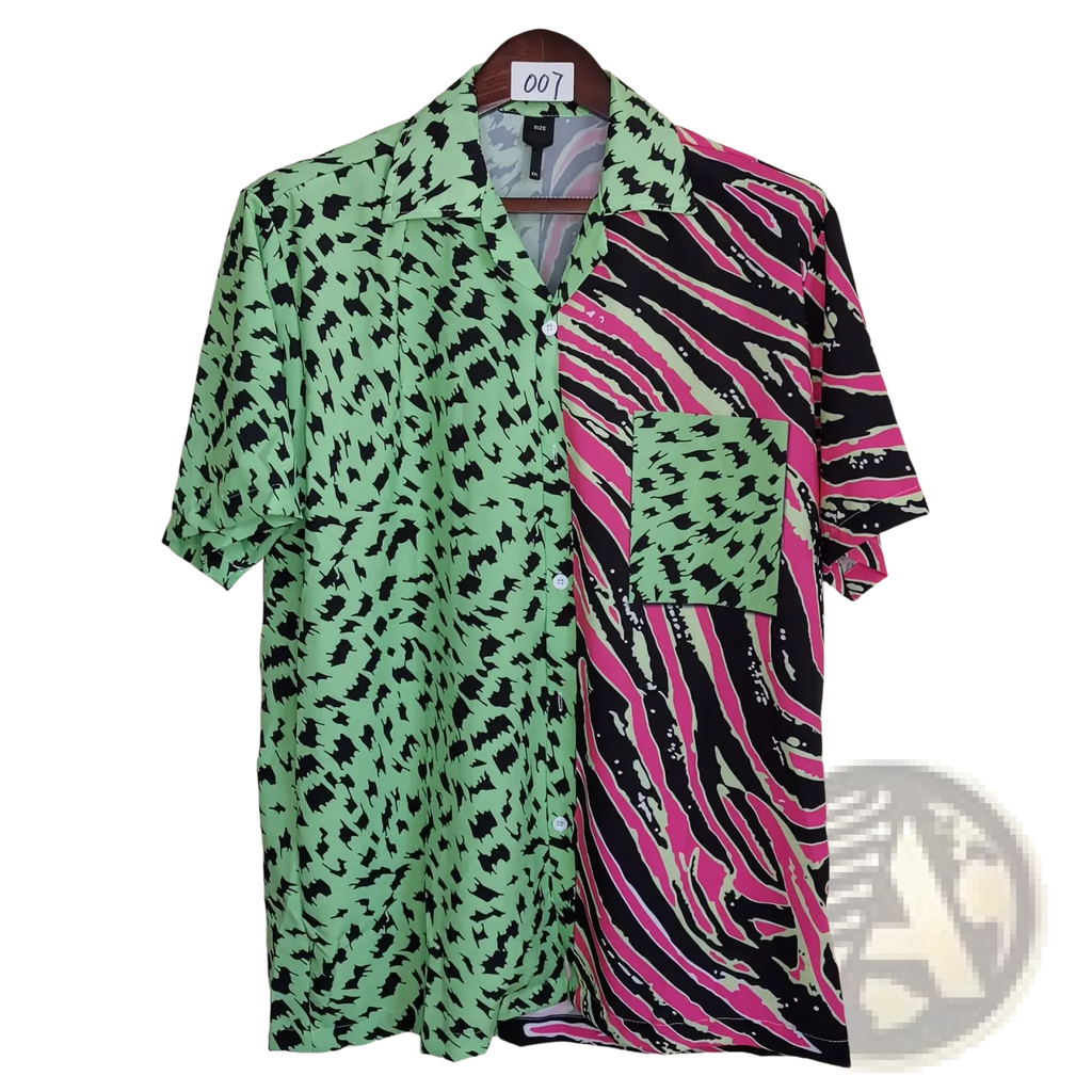 Split animal print pink and green short sleeve shirt with lime green black leopard and bold pink zebra stripes