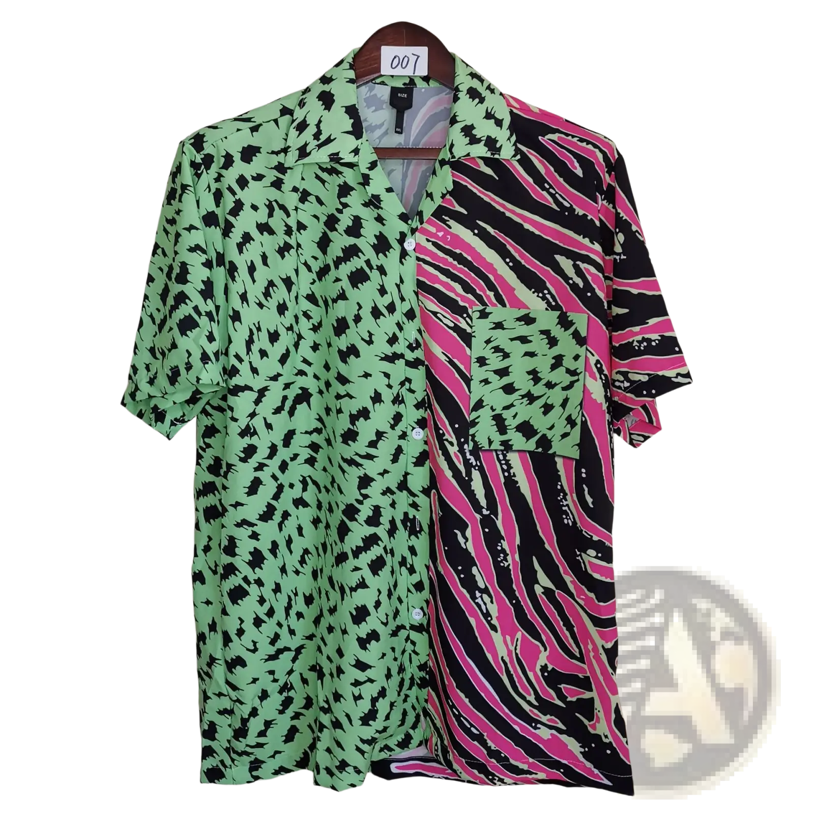 Split animal print pink and green short sleeve shirt with lime green black leopard and bold pink zebra stripes