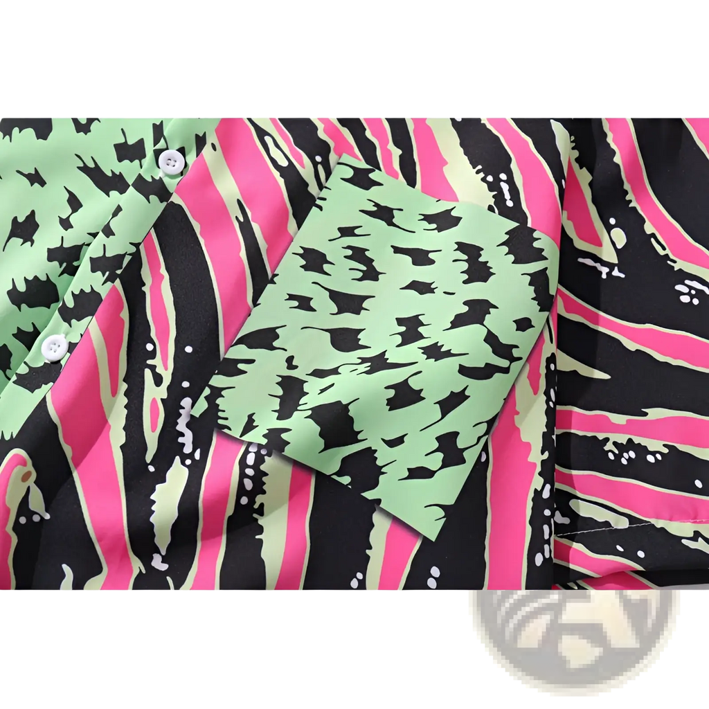 Split animal print pink and green short sleeve shirt featuring a neon green and black bat pattern with pink zebra stripes
