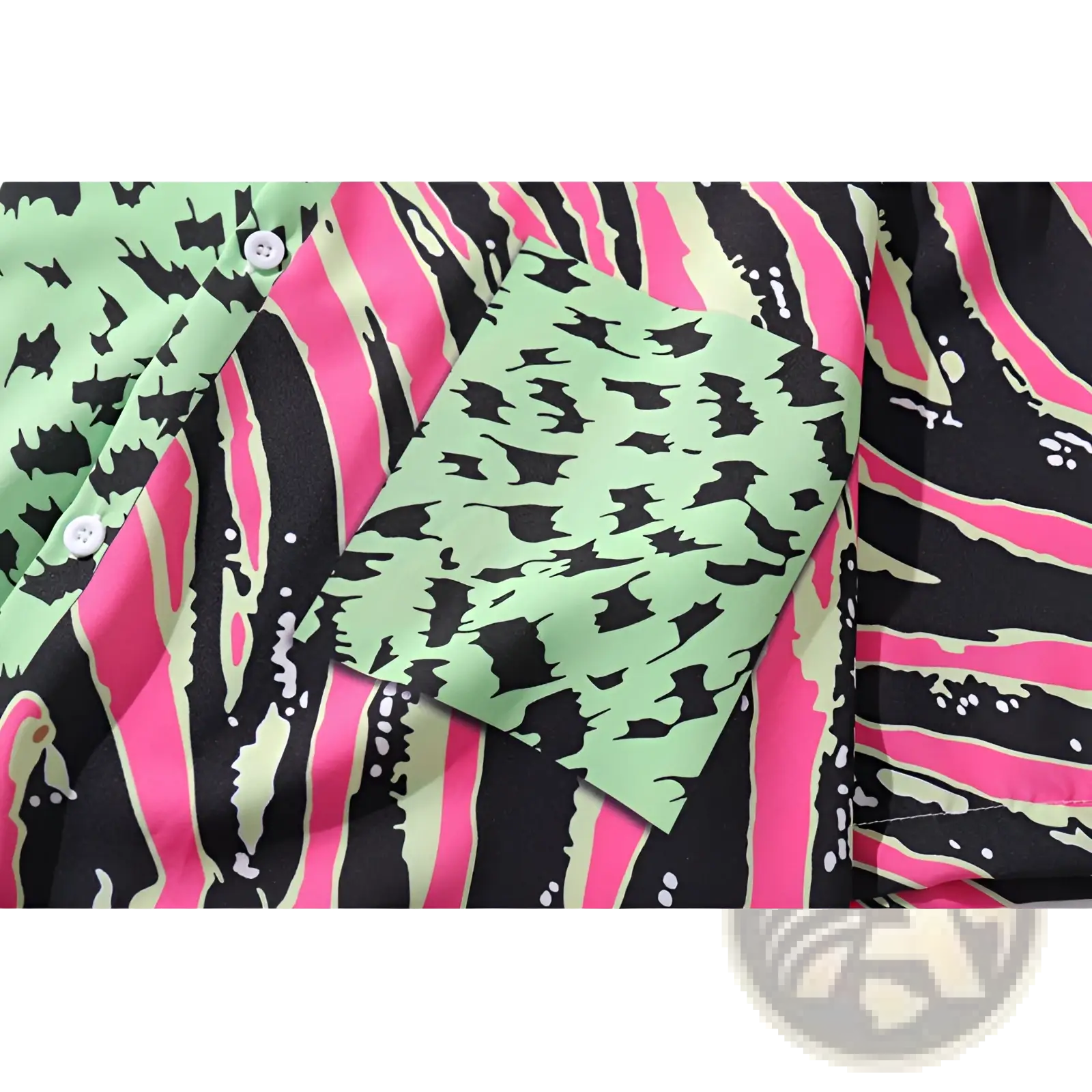 Split animal print pink and green short sleeve shirt featuring a neon green and black bat pattern with pink zebra stripes
