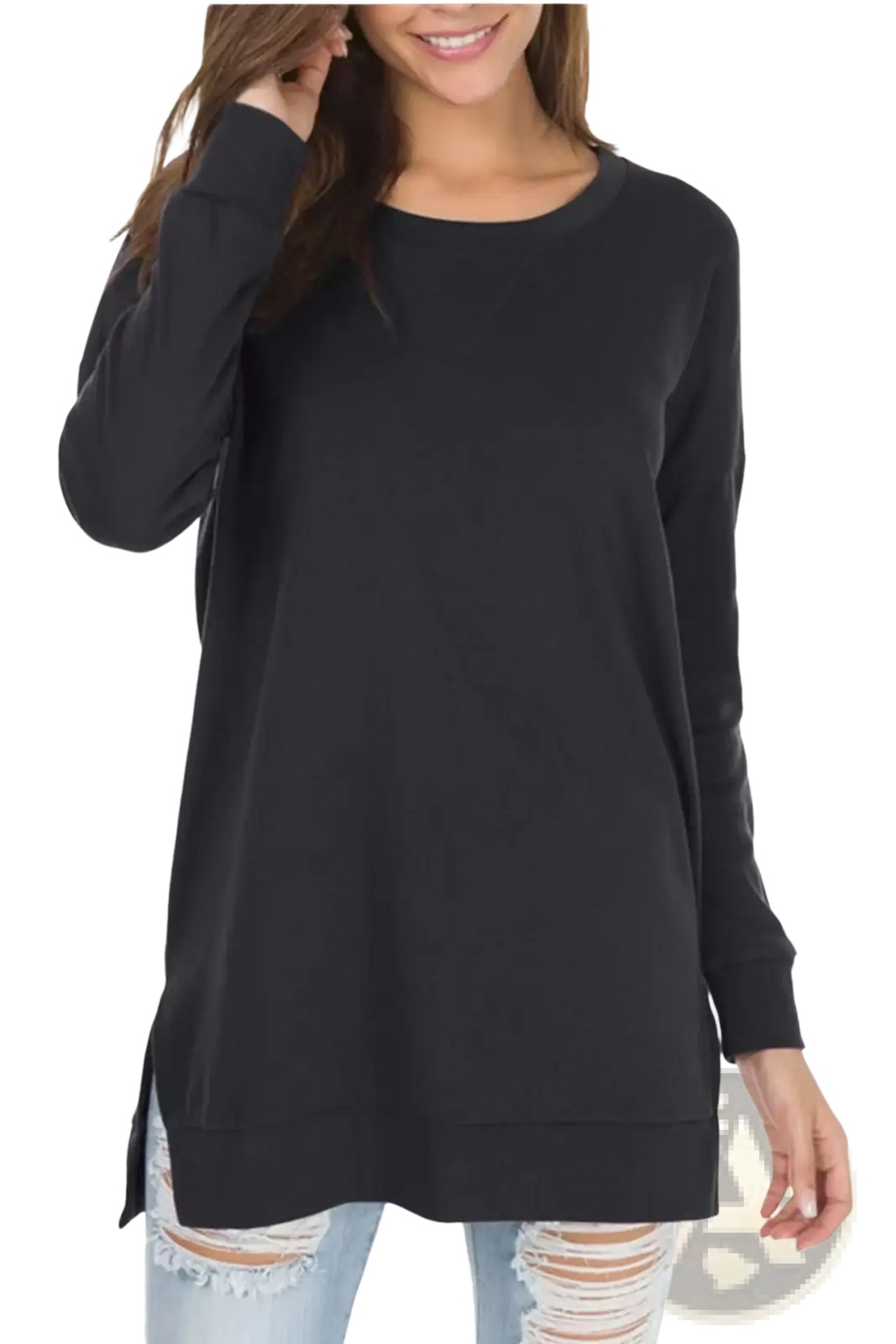 Black long-sleeved relaxed knit sweater with side slits designed as a split front tunic top