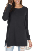 Black long-sleeved relaxed knit sweater with side slits designed as a split front tunic top