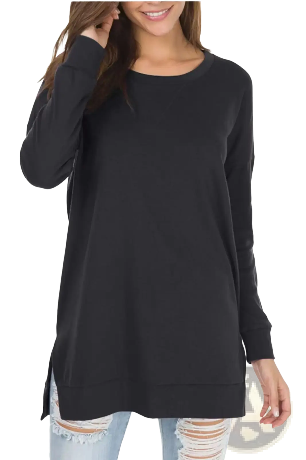 Black long-sleeved relaxed knit sweater with side slits designed as a split front tunic top