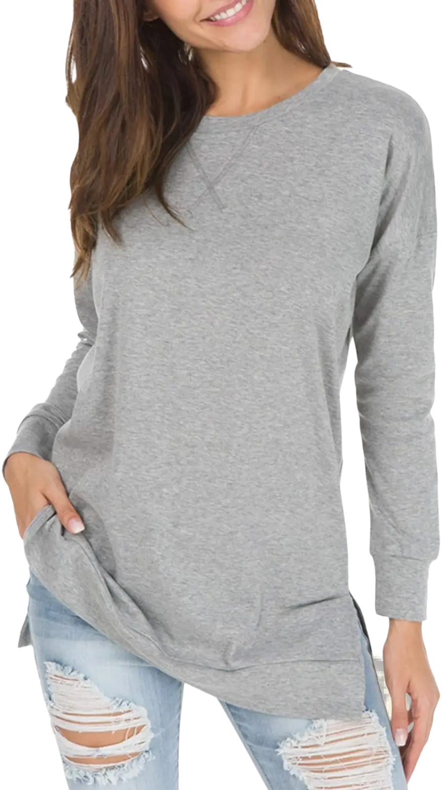 Gray heathered split front relaxed knit sweater with long sleeves and side pockets in a comfortable fit