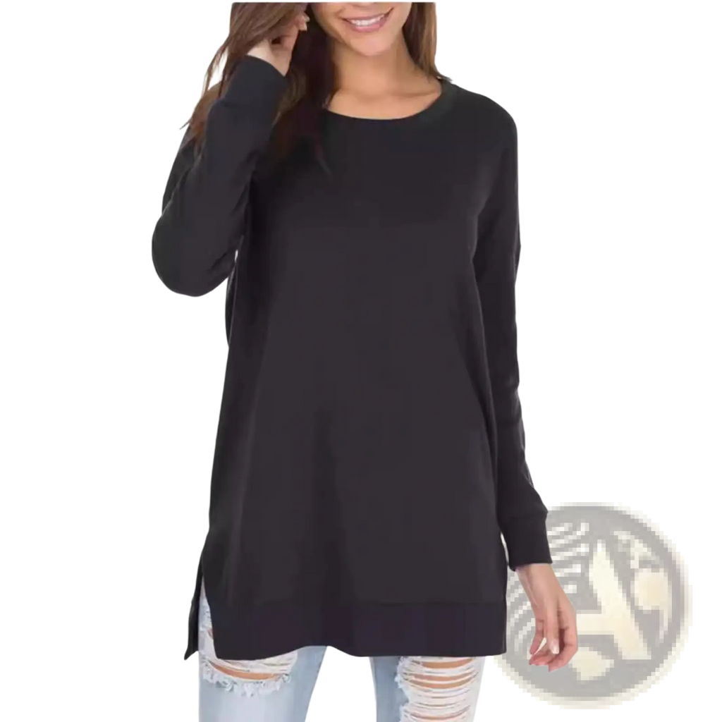Black long-sleeved split front relaxed knit sweater with side slits and a comfortable fit for casual wear