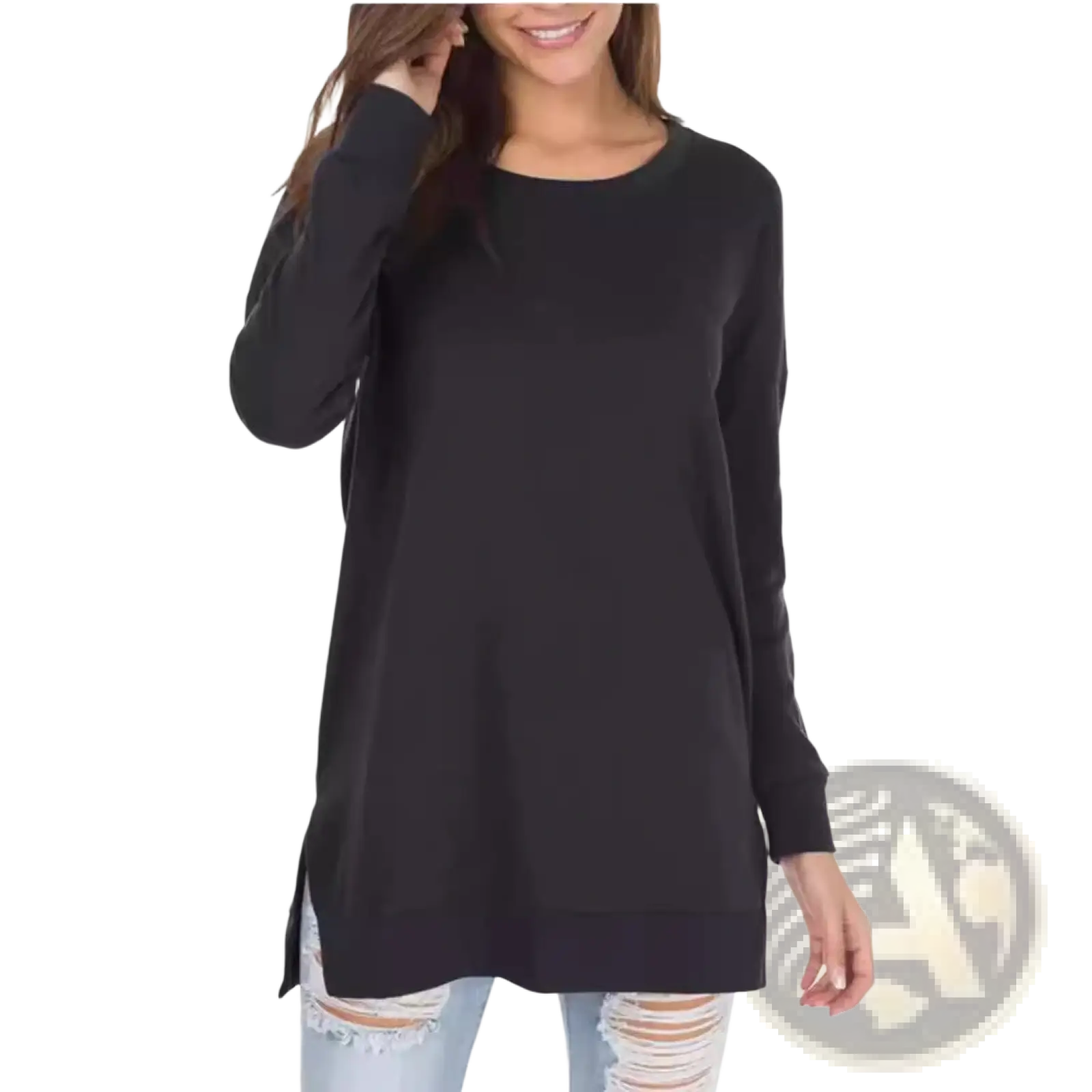 Black long-sleeved split front relaxed knit sweater with side slits and a comfortable fit for casual wear