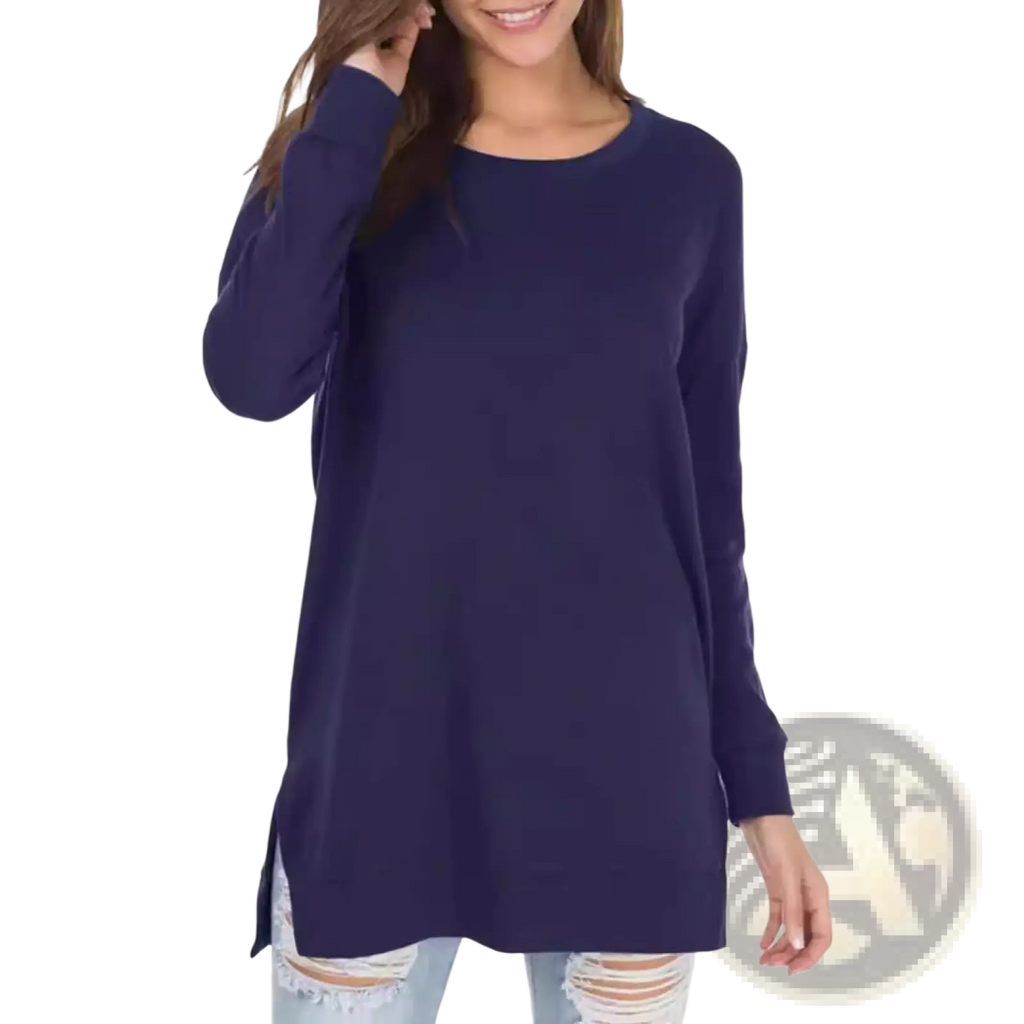 Navy blue split front relaxed knit sweater with long sleeves and side slits in a comfortable tunic fit