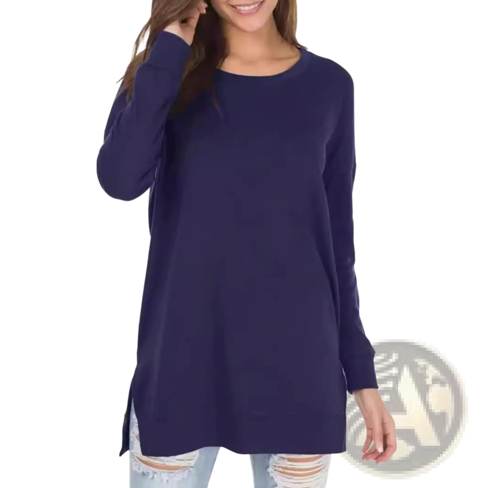 Navy blue split front relaxed knit sweater with long sleeves and side slits in a comfortable tunic fit