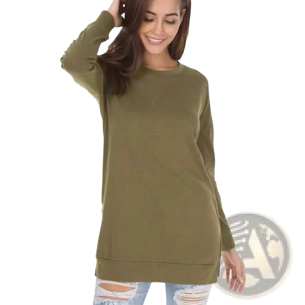 Olive green split front relaxed knit sweater with long sleeves and ribbed hem for casual wear