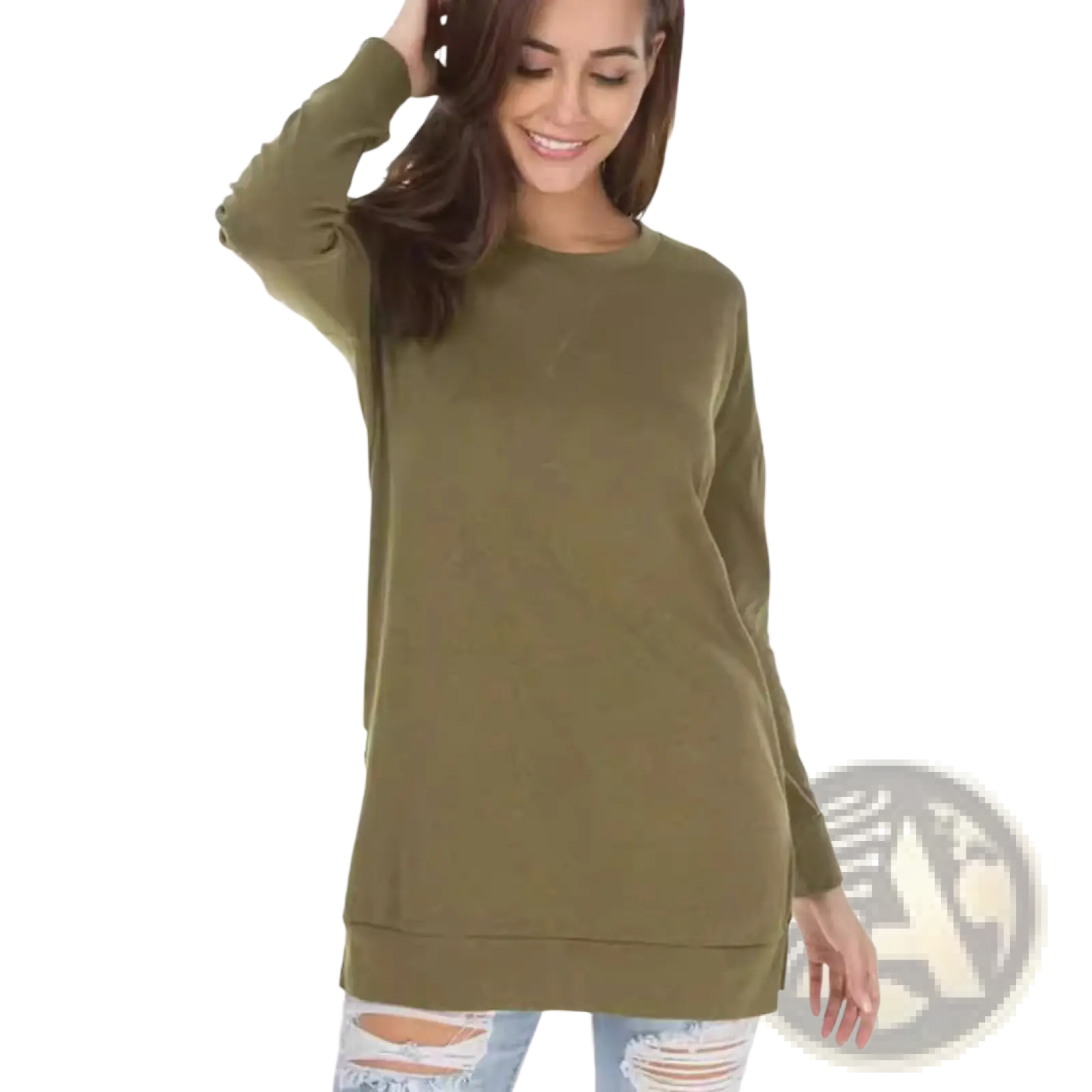 Olive green split front relaxed knit sweater with long sleeves and ribbed hem for casual wear