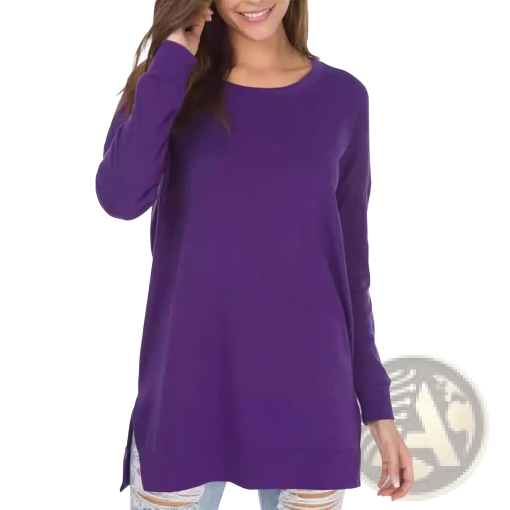 Purple split front relaxed knit sweater with long sleeves and side slit designed for comfortable casual wear