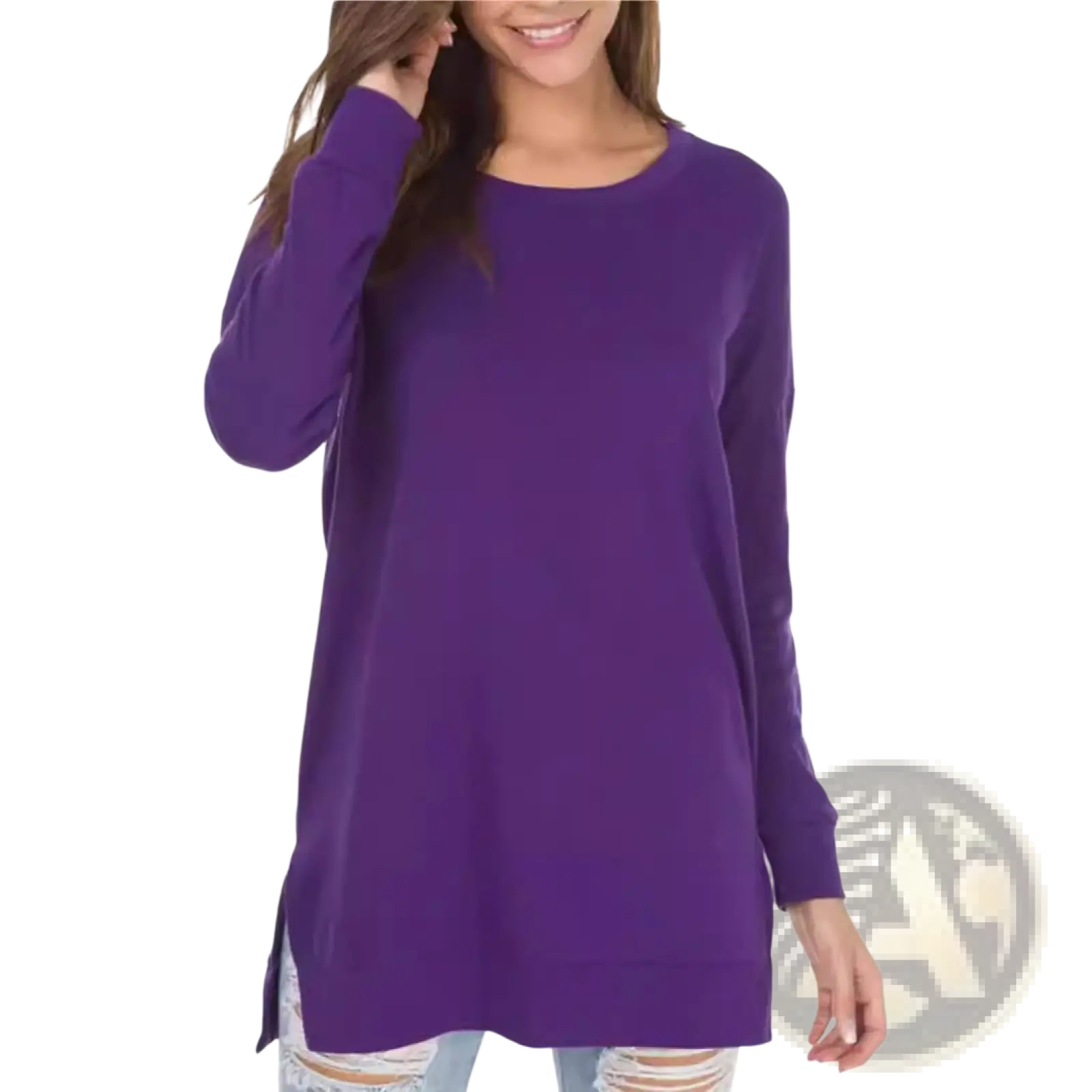 Purple split front relaxed knit sweater with long sleeves and side slit designed for comfortable casual wear