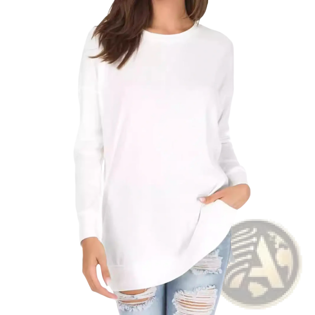 White long-sleeved relaxed knit sweater with asymmetrical hemline and split front detailing