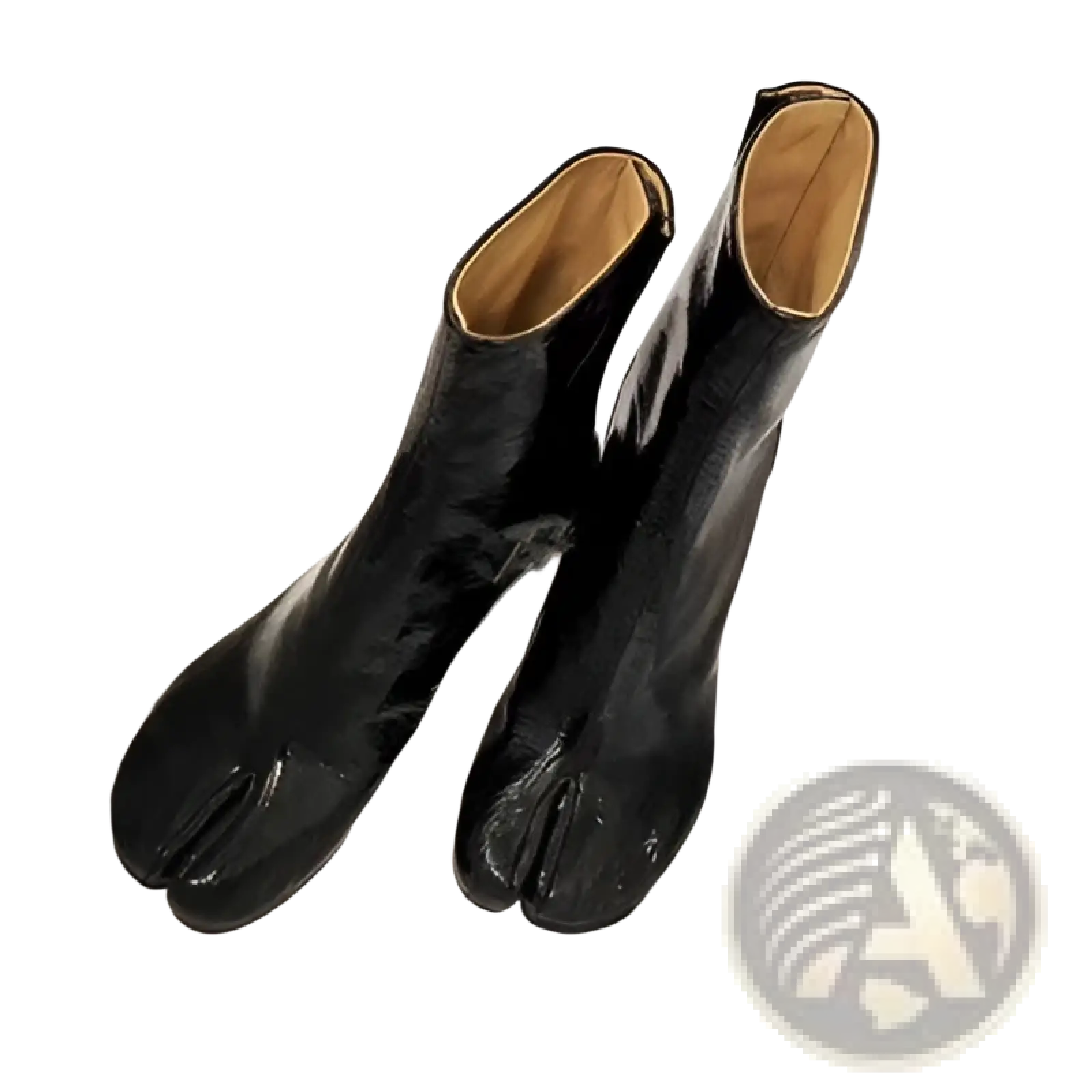 Black patent leather split toe tabi high heel ankle boots with tan lining showing the front view