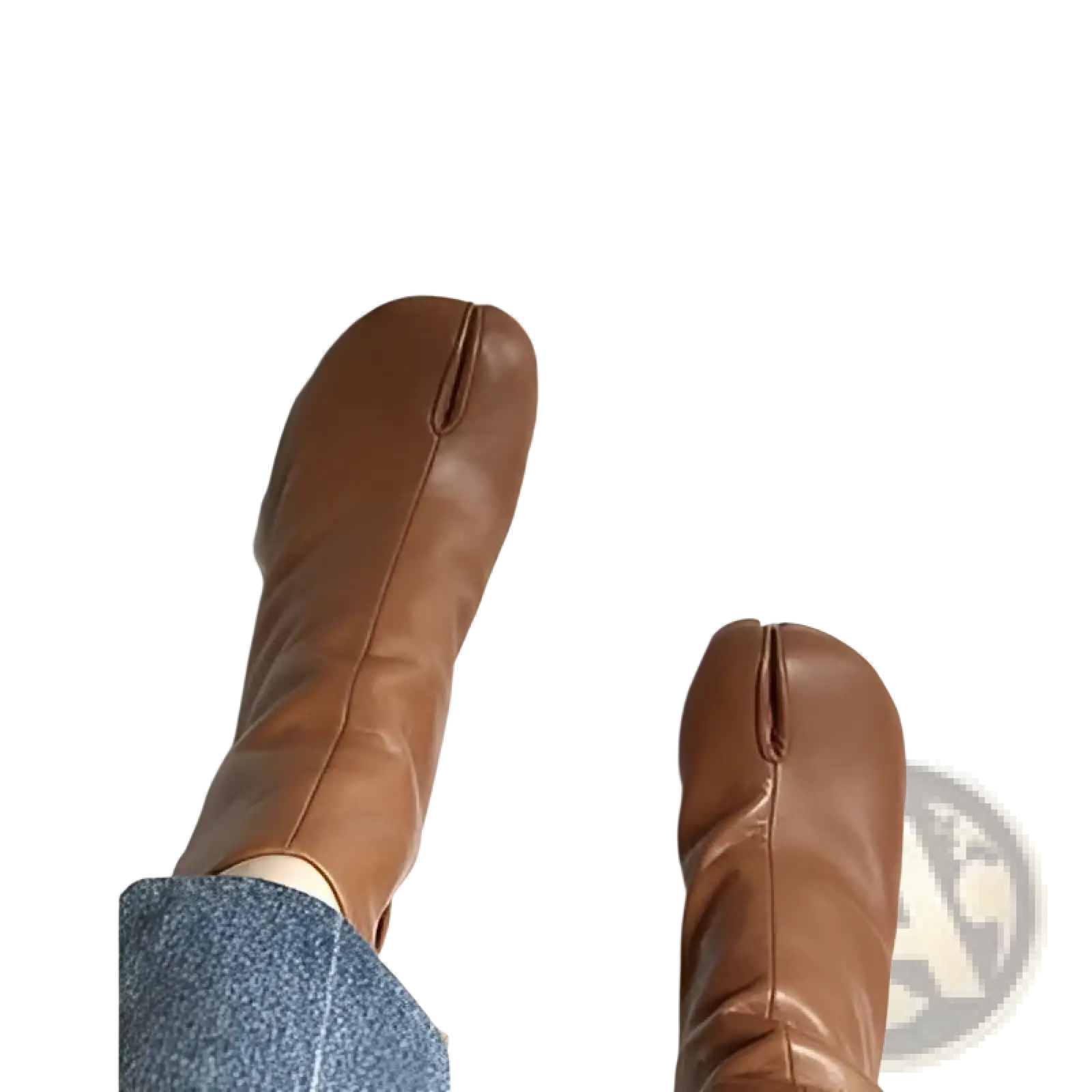 Brown leather split toe tabi high heel ankle boots showcasing the back side design and material details