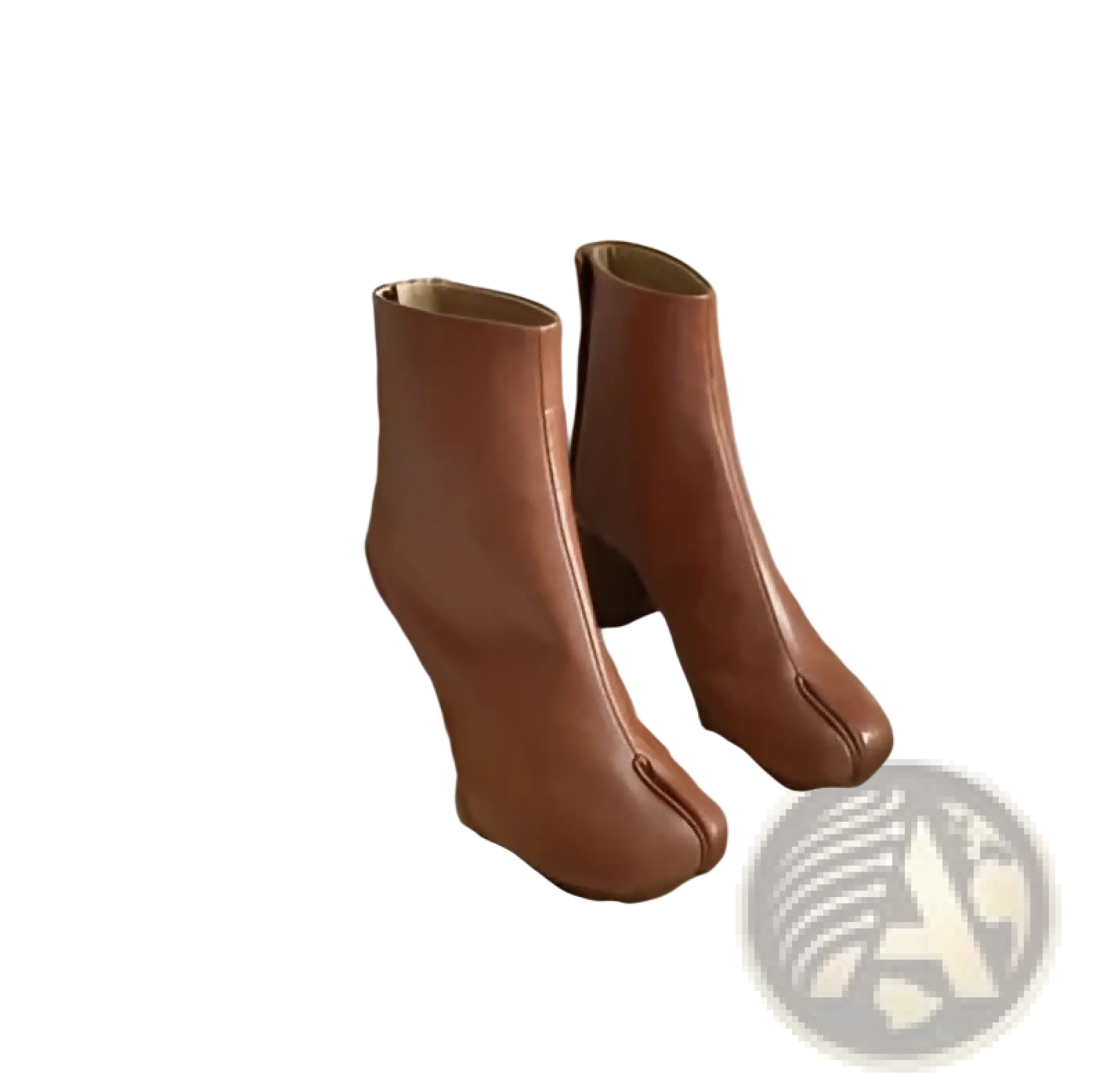 Tan leather split toe tabi high heel ankle boots with chunky heel and distinctive toe seam design