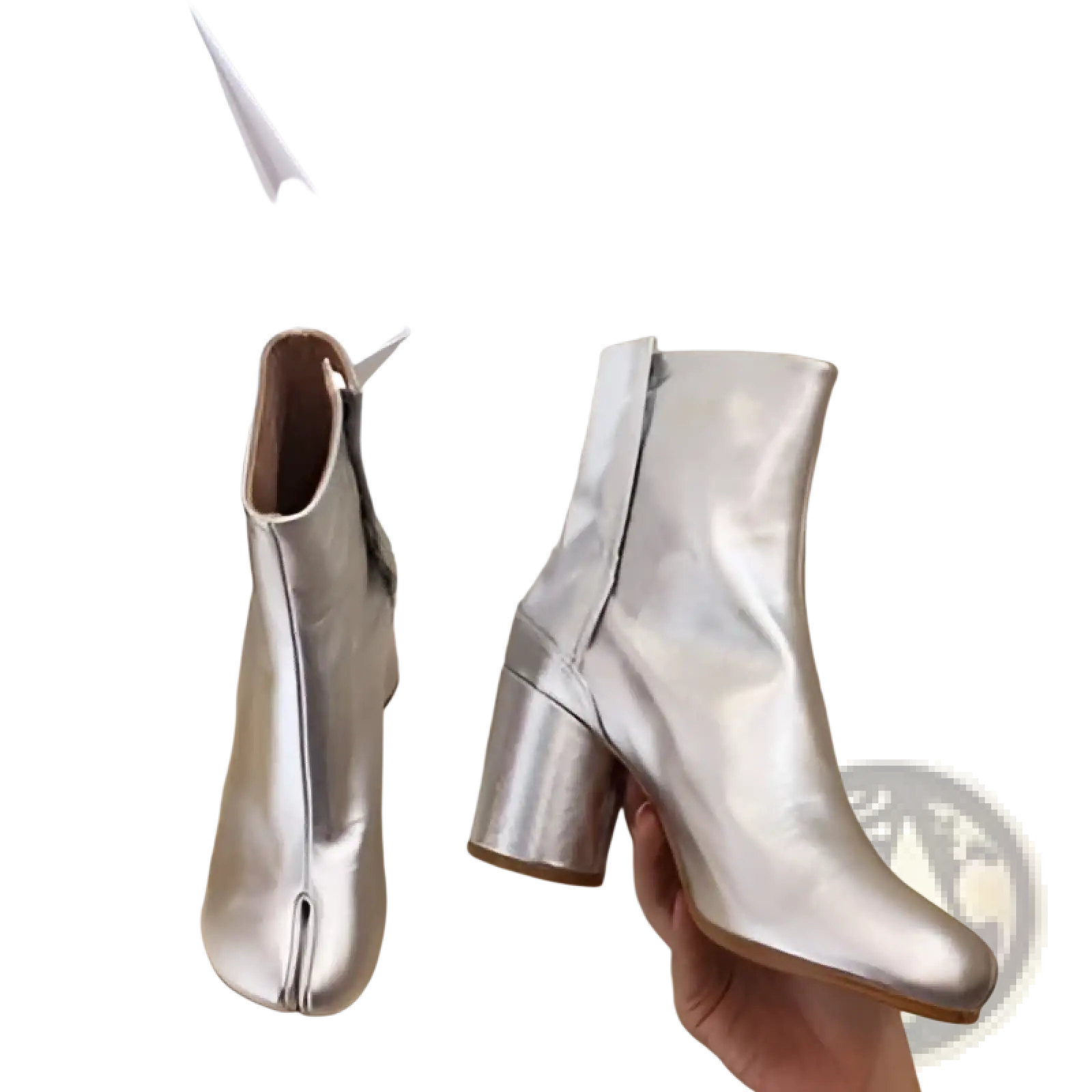 Silver metallic leather split toe tabi high heel ankle boot with chunky heel and toe seam design