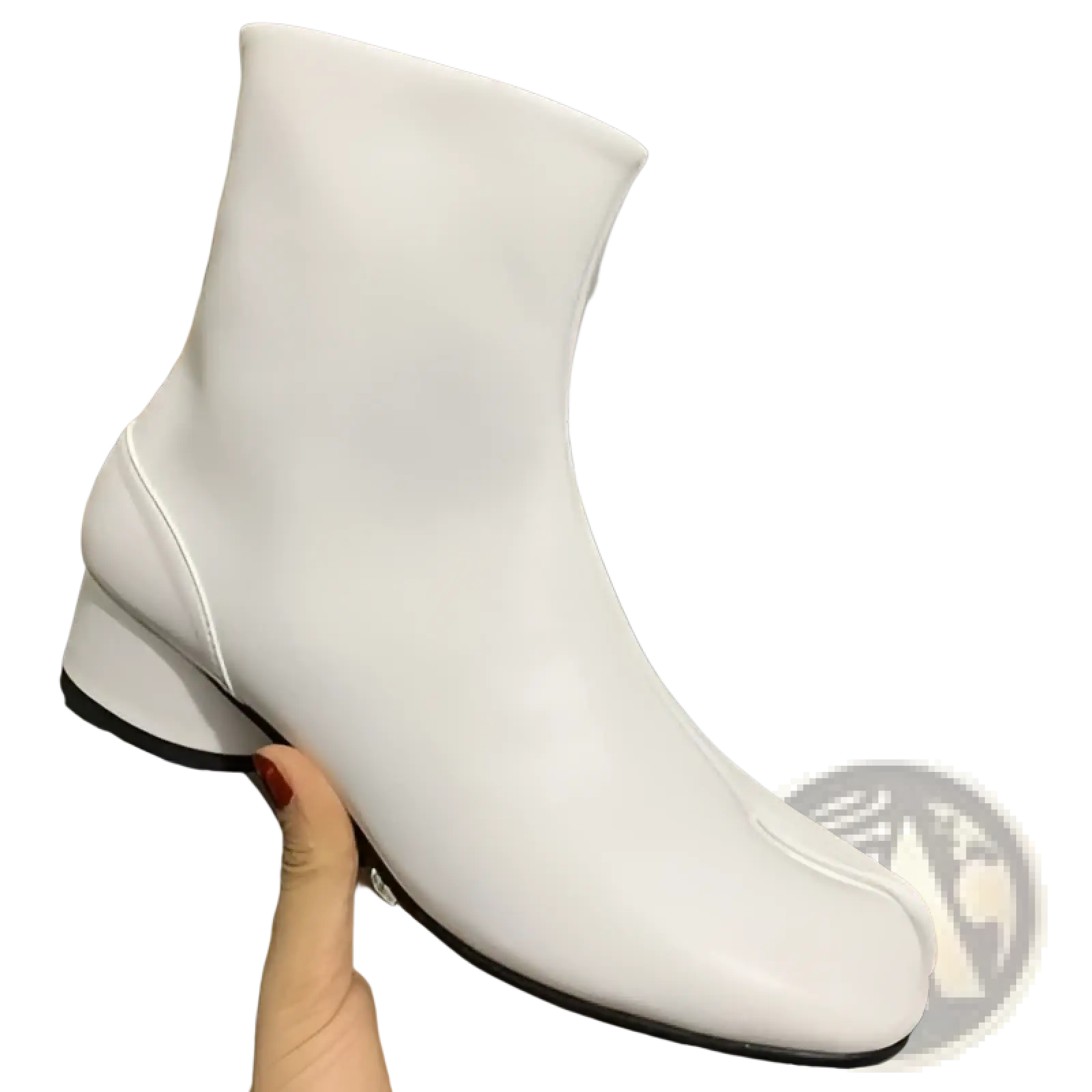 White leather split toe tabi ankle boot with sleek minimalist design and low block high heel shown from back side