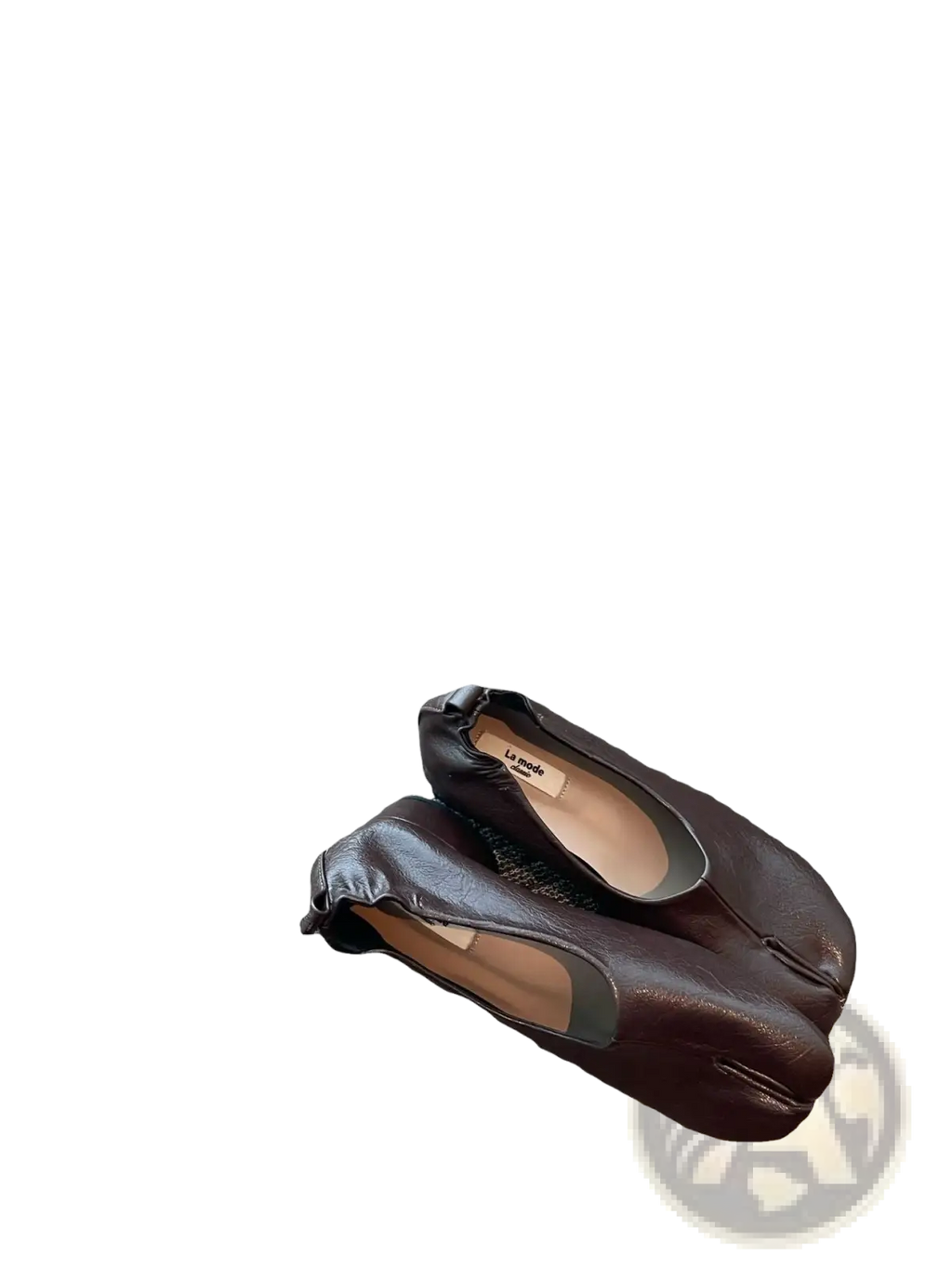 Dark brown leather split toe tabi moccasin-style flats with visible stitching and a soft textured finish