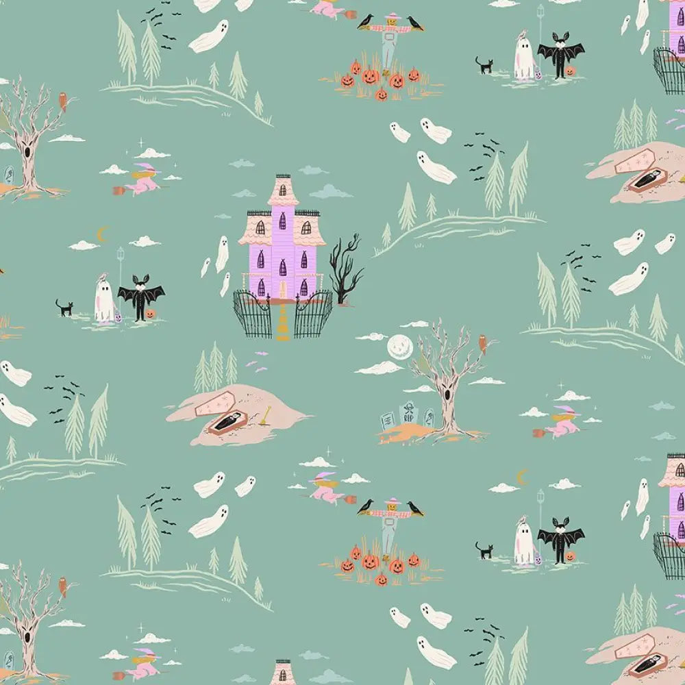 Greta Spooky Fun Halloween teal cotton vintage flare dress with whimsical haunted houses ghosts bats pumpkins pattern