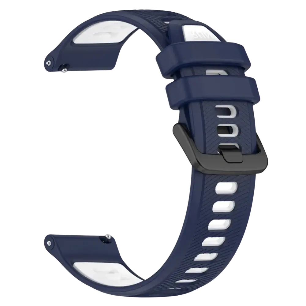 Navy blue silicone sport watch straps with black buckle and white accent cutouts for ticwatch pro ultra lte 22mm