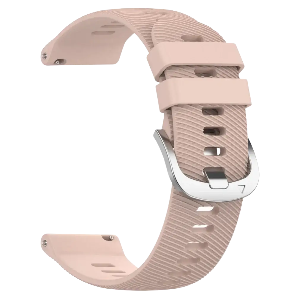 A blush pink silicone sport watch strap with textured diagonal pattern and silver buckle for ticwatch pro ultra lte
