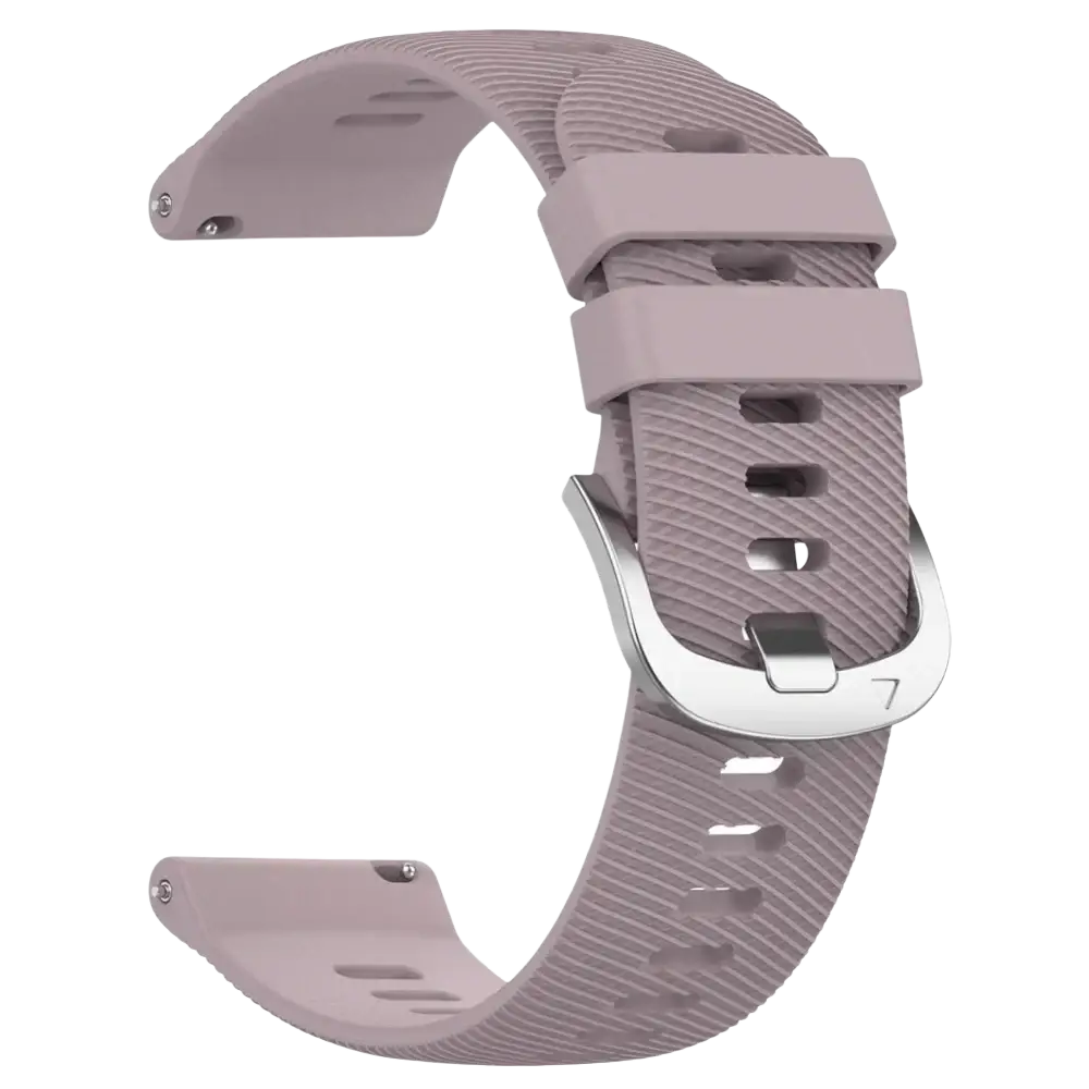 A sleek dusty rose silicone sport watch strap with textured pattern and silver buckle for ticwatch pro ultra lte 22mm