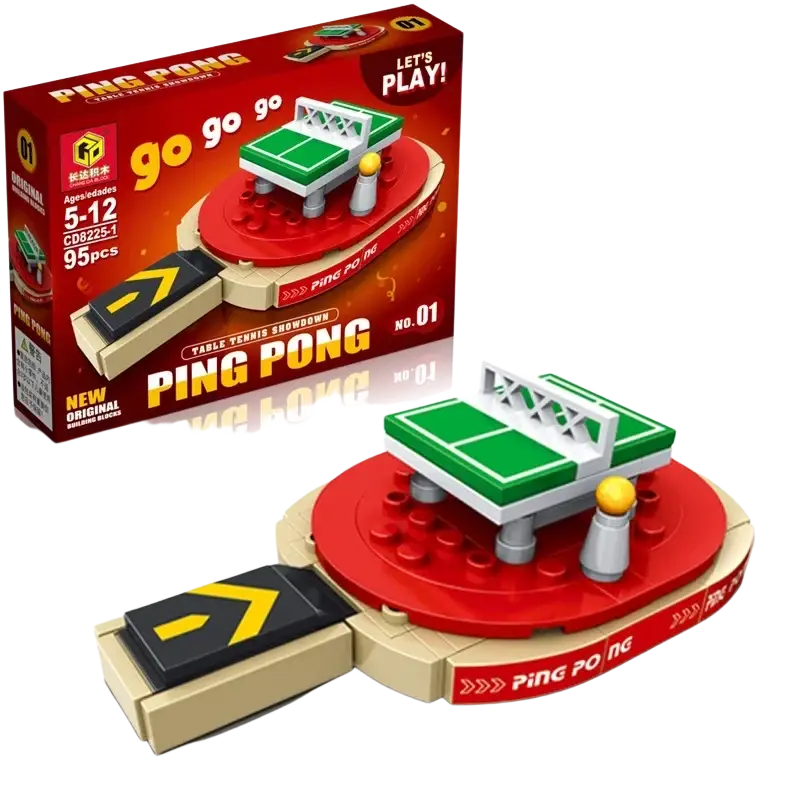 Sports building blocks set featuring a red and beige plastic ping pong table with green surface and color box packaging