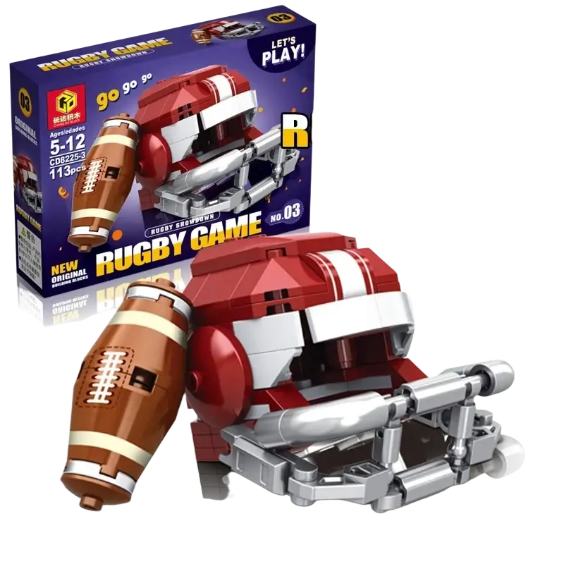 Red and silver rugby helmet and brown football built from interlocking plastic bricks in a sports building blocks set with color box