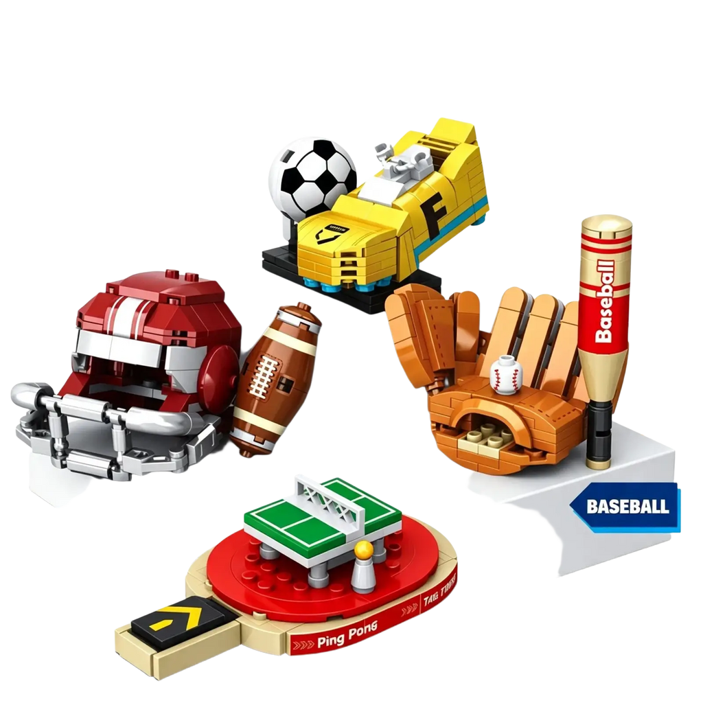 Yellow and blue sports building blocks set with color box featuring soccer ball helmet football and baseball glove