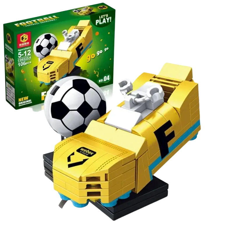 Yellow and blue plastic football-themed building block train with black f logo in a sports building blocks set color box