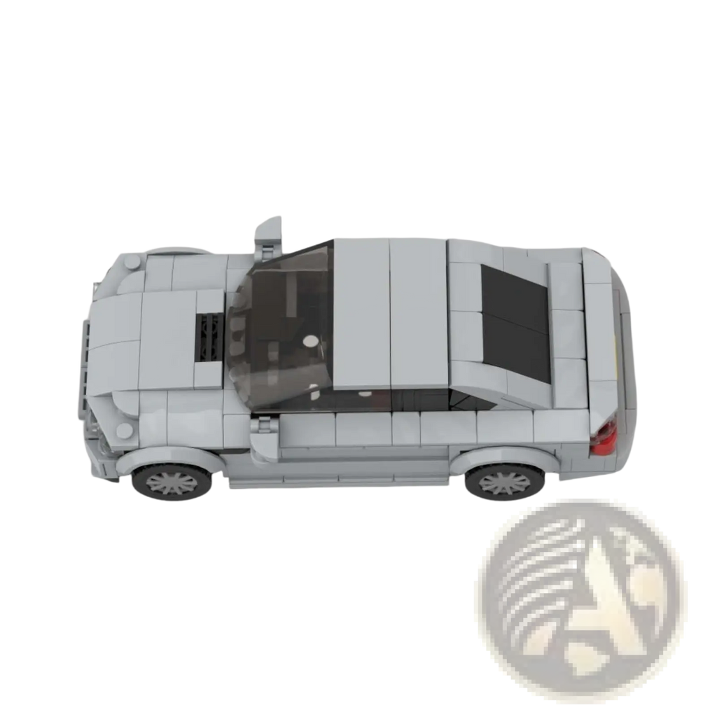 Gray lego-built sports car with black-tinted windows and red taillights shown from the back in city racing kit 342pcs