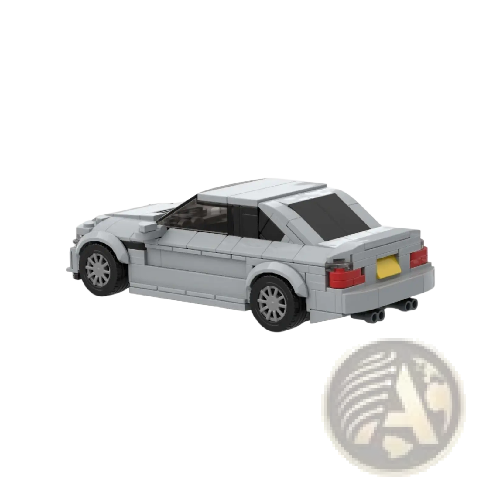 Gray lego-built bmw e36 m3 sports car with black windows and red taillights shown from the back in a 342pcs city racing kit