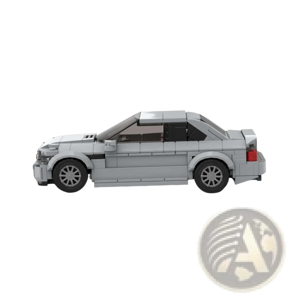 Gray lego-built sports car with black tires and red taillight shown from the back in a sports car building blocks kit
