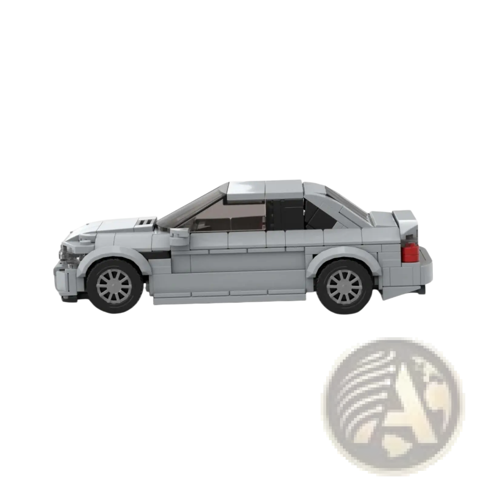 Gray lego-built sports car with black tires and red taillight shown from the back in a sports car building blocks kit