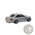 Gray lego-built sports car with black windows red taillights and yellow license plate shown from the back side in city racing kit