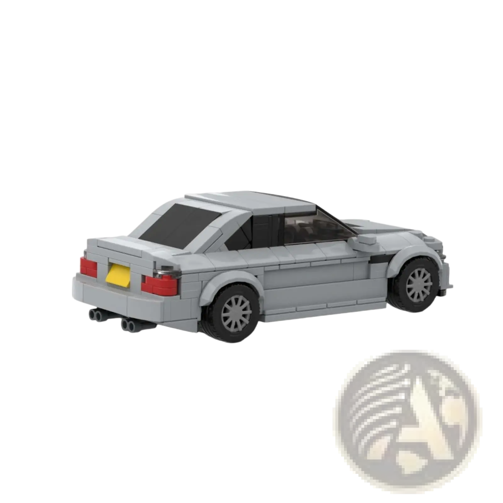 Gray lego-built sports car with black windows red taillights and yellow license plate shown from the back side in city racing kit