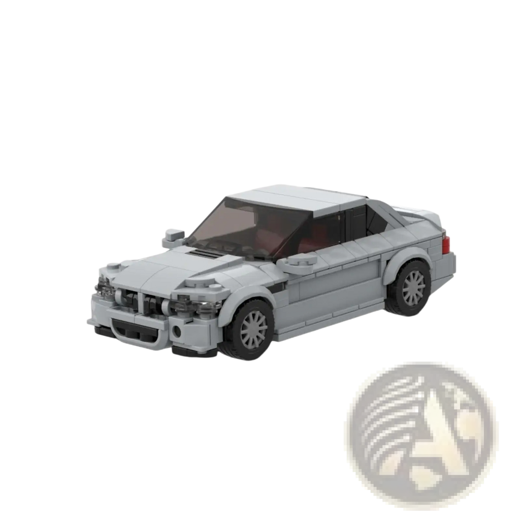 Gray lego-built bmw m3 coupe model with black tires and red taillights shown from the backside in a sports car building blocks kit