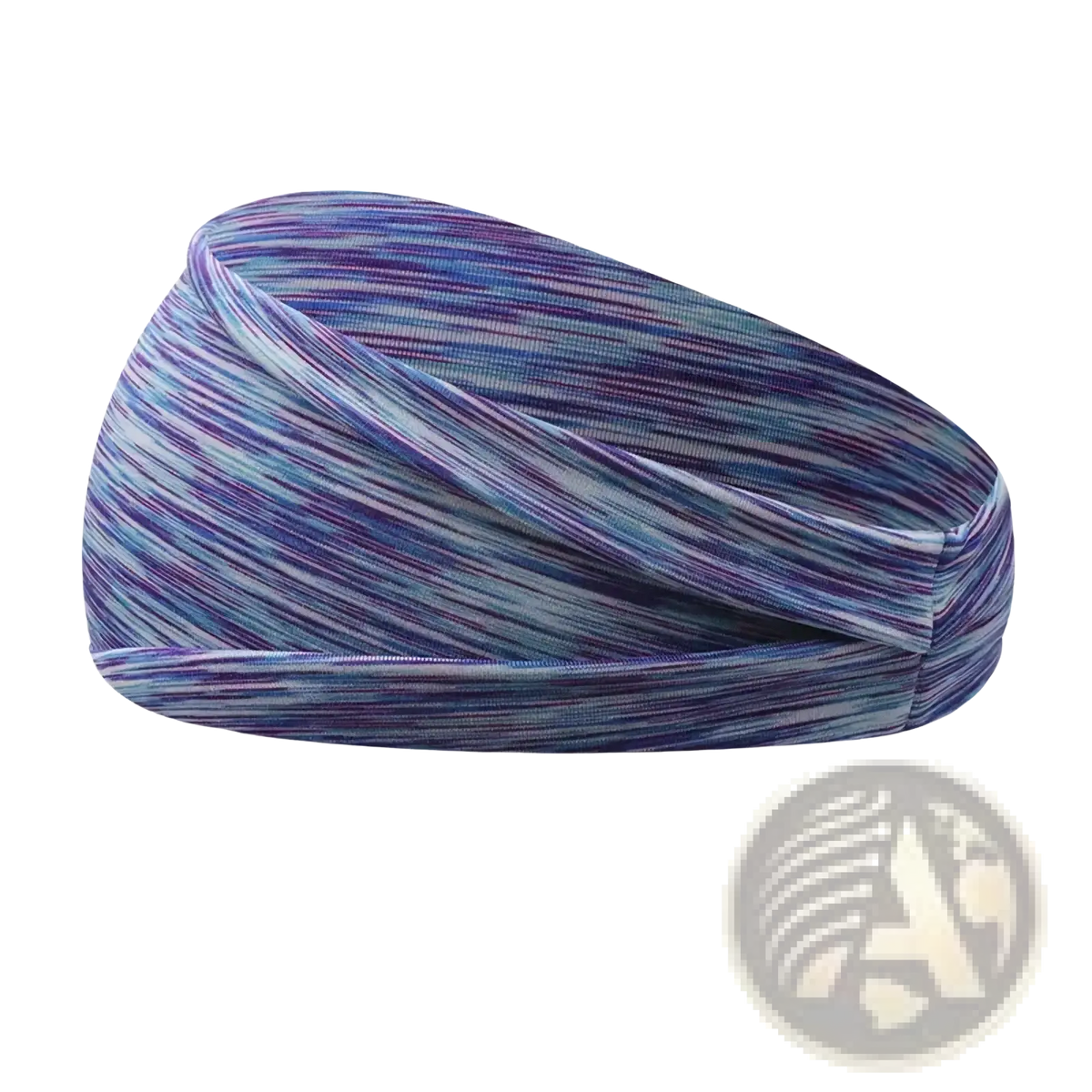 A stretchy knitted sports headband with moisture-wicking fabric in vibrant powder blue and purple marbled pattern