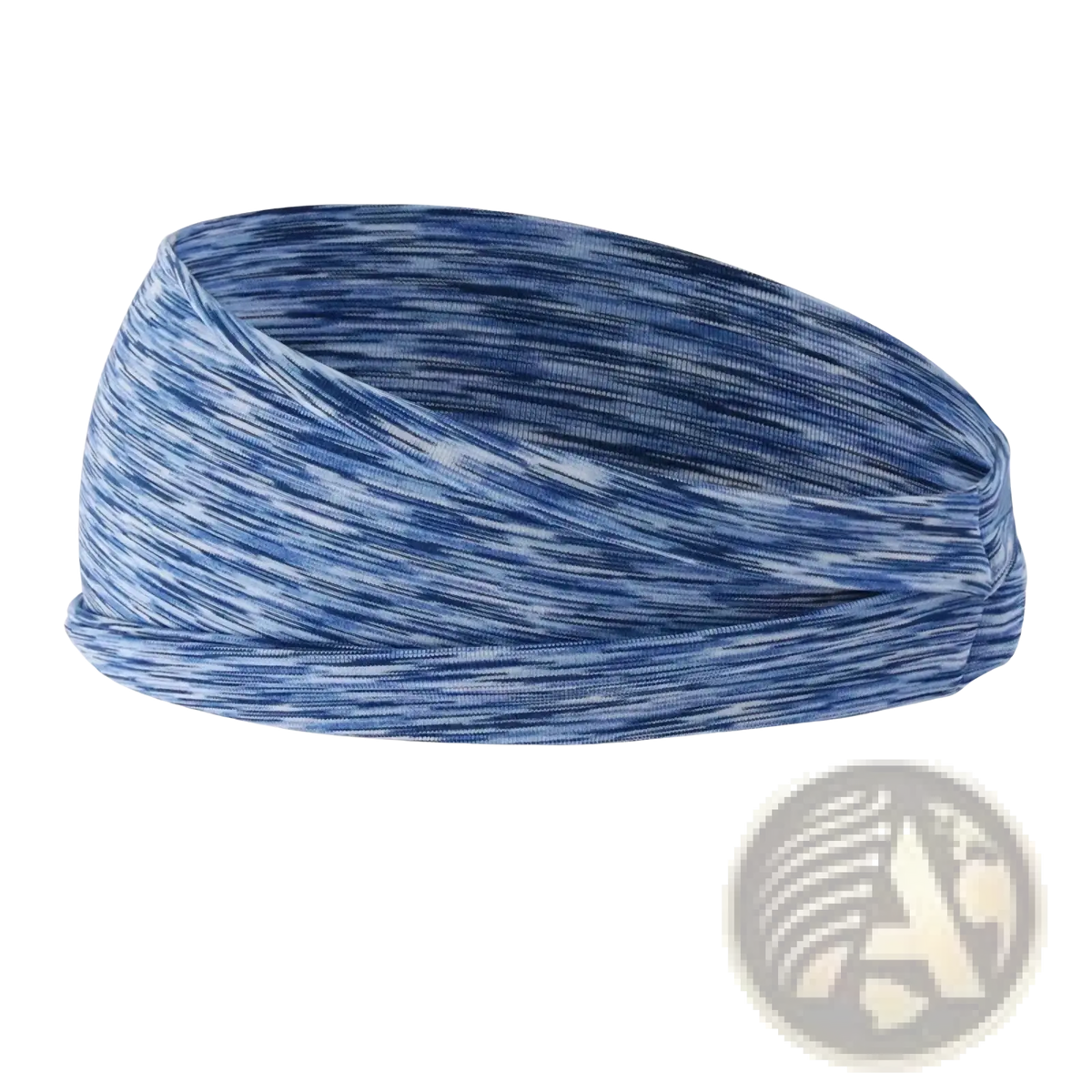 A stylish white and blue marled fabric sports headband with moisture wicking and twisted knot design