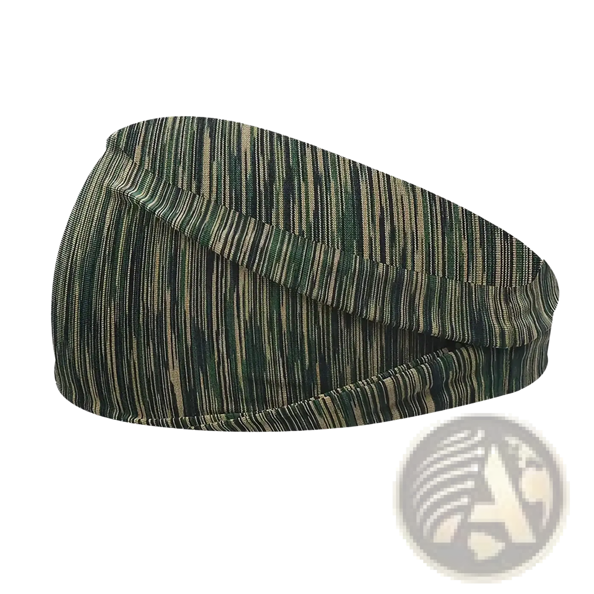 A flexible moisture wicking sports headband with an elastic camouflage pattern in green and beige vertical stripes